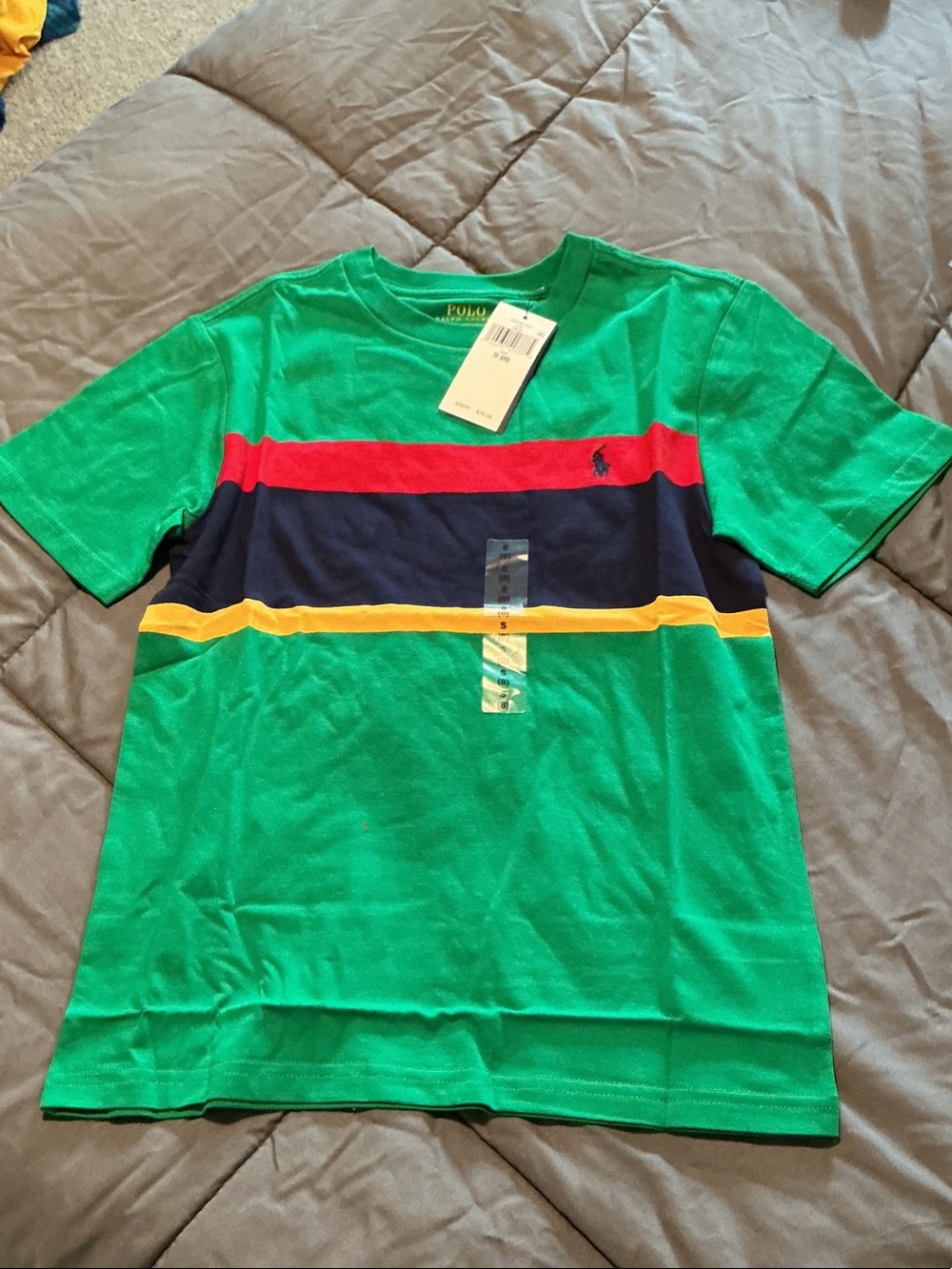Polo by Ralph Lauren Green Short Sleeve Tee with Red, Navy & Yellow Stripes